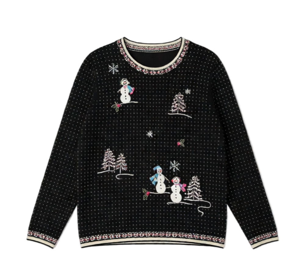 Vintage 90s Alfred Dunner Christmas Snowman Ugly Sweater L Black Grandma Chic